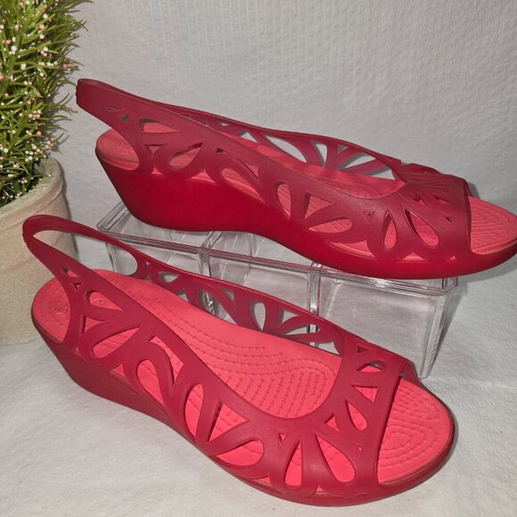 CROCS WOMENS BRIGHT PINK JELLY SLINGBACK WEDGE SANDALS SIZE 9 EUC - Picture 5 of 6